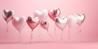 ai generiert sortiert Herz geformt Luftballons im Rosa und Silber mit klein Papier Herzen auf ein Licht Rosa Hintergrund foto
