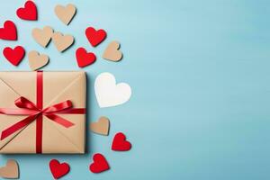 ai generiert Valentinstag Tag thematisch eben legen mit ein Geschenk, Herzen, und ein Liebe Brief auf ein Pastell- Hintergrund foto