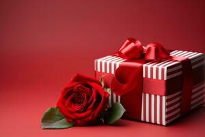 ai generiert romantisch Komposition mit ein gestreift Geschenk Kasten, rot Rose, und Papier Herzen auf ein rot Hintergrund foto