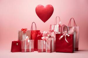 ai generiert Valentinstag Tag Geschenke mit Einkaufen Tasche auf Rosa Hintergrund foto