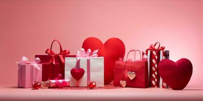 ai generiert Valentinstag Tag Geschenke mit Einkaufen Tasche auf Rosa Hintergrund foto