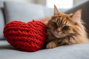 ai generiert Katze mit ein gestrickt Herz Kissen foto