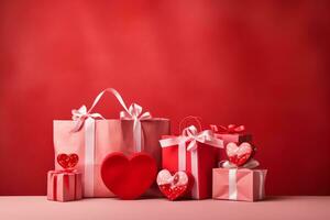 ai generiert Valentinstag Tag Geschenke mit Einkaufen Tasche auf Rosa Hintergrund foto