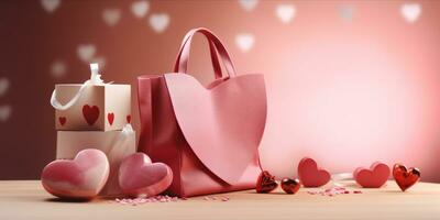 ai generiert Valentinstag Tag Geschenke mit Einkaufen Tasche auf Rosa Hintergrund foto