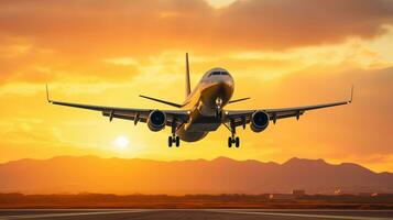 ai generiert Landung ein Flugzeug gegen ein golden Himmel beim Sonnenuntergang. Passagier Flugzeug fliegend oben im Sonnenuntergang Licht. Reisen und Geschäft Konzept foto