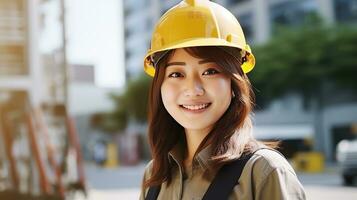 ai generiert Lächeln von schön japanisch Konstruktion weiblich Arbeiter foto