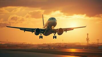 ai generiert Landung ein Flugzeug gegen ein golden Himmel beim Sonnenuntergang. Passagier Flugzeug fliegend oben im Sonnenuntergang Licht. Reisen und Geschäft Konzept foto