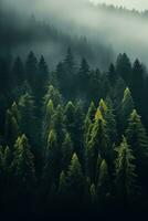 ai generiert das Land von Kiefer Bäume, Regen Wald, Nebel, Herbst Nebel foto