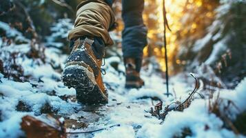 ai generiert schließen oben von Beine von Person im Wandern Schuhe Gehen im das Winter Wald foto