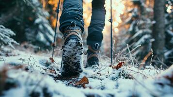 ai generiert schließen oben von Beine von Person im Wandern Schuhe Gehen im das Winter Wald foto
