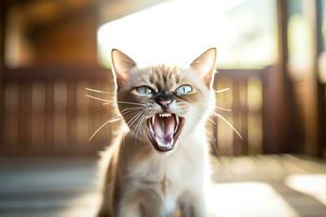 ai generiert thailändisch tonkinesisch Katze zischen im ein gemütlich Zuhause Hintergrund foto