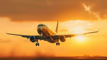 ai generiert Landung ein Flugzeug gegen ein golden Himmel beim Sonnenuntergang. Passagier Flugzeug fliegend oben im Sonnenuntergang Licht. Reisen und Geschäft Konzept foto