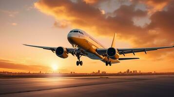 ai generiert Landung ein Flugzeug gegen ein golden Himmel beim Sonnenuntergang. Passagier Flugzeug fliegend oben im Sonnenuntergang Licht. Reisen und Geschäft Konzept foto