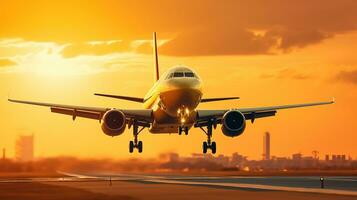 ai generiert Landung ein Flugzeug gegen ein golden Himmel beim Sonnenuntergang. Passagier Flugzeug fliegend oben im Sonnenuntergang Licht. Reisen und Geschäft Konzept foto