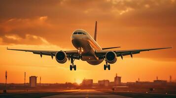 ai generiert Landung ein Flugzeug gegen ein golden Himmel beim Sonnenuntergang. Passagier Flugzeug fliegend oben im Sonnenuntergang Licht. Reisen und Geschäft Konzept foto