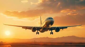 ai generiert Landung ein Flugzeug gegen ein golden Himmel beim Sonnenuntergang. Passagier Flugzeug fliegend oben im Sonnenuntergang Licht. Reisen und Geschäft Konzept foto