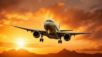 ai generiert Landung ein Flugzeug gegen ein golden Himmel beim Sonnenuntergang. Passagier Flugzeug fliegend oben im Sonnenuntergang Licht. Reisen und Geschäft Konzept foto