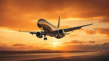 ai generiert Landung ein Flugzeug gegen ein golden Himmel beim Sonnenuntergang. Passagier Flugzeug fliegend oben im Sonnenuntergang Licht. Reisen und Geschäft Konzept foto