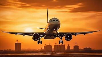ai generiert Landung ein Flugzeug gegen ein golden Himmel beim Sonnenuntergang. Passagier Flugzeug fliegend oben im Sonnenuntergang Licht. Reisen und Geschäft Konzept foto