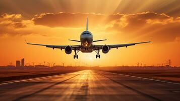 ai generiert Landung ein Flugzeug gegen ein golden Himmel beim Sonnenuntergang. Passagier Flugzeug fliegend oben im Sonnenuntergang Licht. Reisen und Geschäft Konzept foto