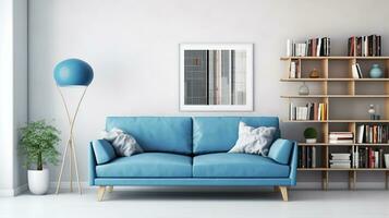 ai generiert Beige Sofa mit Weiß Kissen und Tabelle auf das Seite mit Lampe, Weiß Wand, minimalistisch Innere Design Leben Zimmer foto