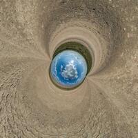 Blau Loch Kugel wenig Planet Innerhalb Kies Sand runden Rahmen Hintergrund foto