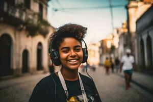 ai generiert jung afrikanisch Frau tragen Kopfhörer. neural Netzwerk ai generiert foto
