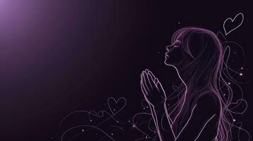 ai generiert einfach glühend lila Linie Zeichnung von ein Mädchen beten, Herz zum Valentinstag Tag, einfach, schwarz und Weiss, schwarz Farben Hintergrund, Kopieren Raum. foto