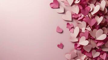ai generiert Papier Rosa Herzen fliegen auf Sanft Rosa Farbe Hintergrund, Grenze, Kopieren Raum. Valentinstag Tag Konzept zum Design. foto