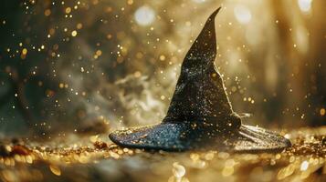 ai generiert Magie schwarz Zauberer Hut auf golden Fee Staub Hintergrund ,Konzept Karneval foto