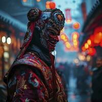 ai generiert Chinesisch Mann mit ein Chinesisch Neu Jahr Kostüm im ein Stadt beim das Nacht. foto