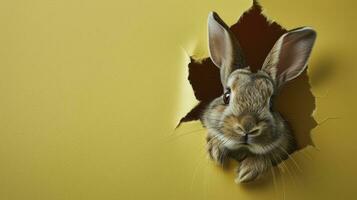 ai generiert Hase spähen aus von ein Loch im Papier, flauschige ohrig Hase Ostern Hase Banner, Hase springen aus zerrissen Loch. foto