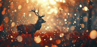 ai generiert Weihnachten Hintergrund mit ein Weihnachten Reh, im das Stil von fesselnd Licht Auswirkungen, rot und Bernstein, Bewegung verwischen Panorama, glitzernd und glänzend. foto
