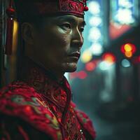 ai generiert Chinesisch Mann mit ein Chinesisch Neu Jahr Kostüm im ein Stadt beim das Nacht. foto