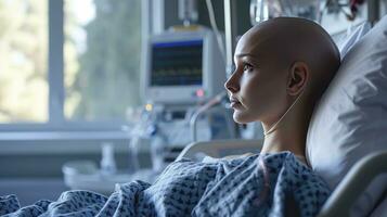 ai generiert Frau mit ein kahl Kopf im ein Krankenhaus Bett Welt Krebs Tag Konzept. foto