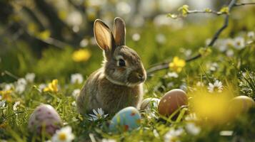 ai generiert bezaubernd Hase mit Ostern Eier im blumig Wiese foto