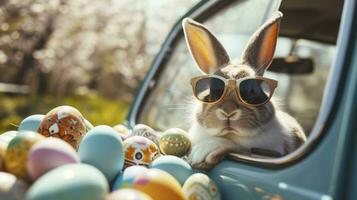 ai generiert süß Ostern Hase mit Sonnenbrille suchen aus von ein Auto abgelegt mit Ostern Eier foto