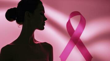 ai generiert Brust Krebs Bewusstsein Monat Banner Hintergrund mit ein Rosa Band auf ein Frau Silhouette. Flyer, Banner Design Vorlage im 3d Illustration foto