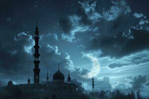 ai generiert Halbmonde von Ramadan und Mond von Blau Himmel Über das Moschee. Ramadan Hintergrund foto