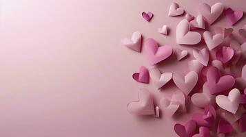 ai generiert Papier Rosa Herzen fliegen auf Sanft Rosa Farbe Hintergrund, Grenze, Kopieren Raum. Valentinstag Tag Konzept zum Design. foto