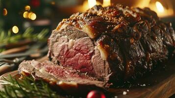 ai generiert Weihnachten Prime Rippe Rindfleisch Filet geröstet Nahaufnahme, Weihnachten Speisekarte auf Tabelle foto