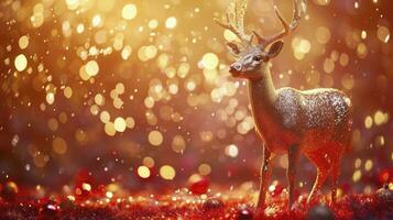 ai generiert Weihnachten Karte - - Magie golden Hirsch mit funkeln im glänzend rot Hintergrund foto