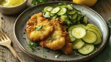 ai generiert klassisch gebraten Schnitzel serviert mit Kartoffel und Gurke Salat auf ein rustikal modern Teller foto