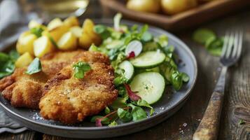 ai generiert klassisch gebraten Schnitzel serviert mit Kartoffel und Gurke Salat auf ein rustikal modern Teller foto