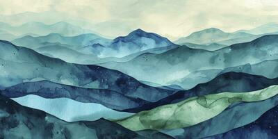 ai generiert minimalistisch Landschaft Kunst Hintergrund mit Berge und Hügel im Blau und Grün Farben. abstrakt Banner im orientalisch Stil mit Aquarell Textur zum Dekor, drucken, Hintergrund foto