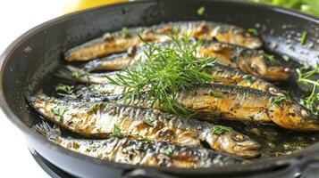 ai generiert schließen oben von Sardine Fleisch im ein schwenken isoliert auf ein klar Weiß Hintergrund. foto