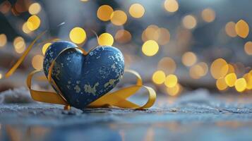 ai generiert Blau Herz, Gelb Band Verpackung um das Herz, auf Bokeh Hintergrund. foto