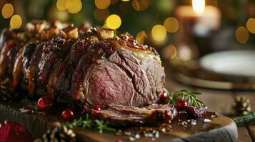 ai generiert Weihnachten Prime Rippe Rindfleisch Filet geröstet Nahaufnahme, Weihnachten Speisekarte auf Tabelle foto