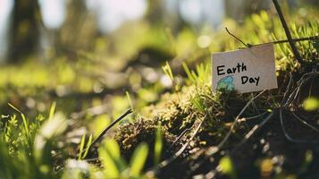 ai generiert Text Erde Tag geschrieben mit ein Marker auf ein klebrig Hinweis im ein Garten foto