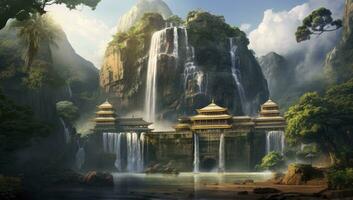 ai generiert Bild von Tempel und Wasserfall fließend planschen das oben von das Wasser foto
